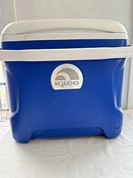 Front view showing Igloo logo, blue body, white lid and handle