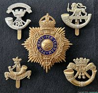 Front view of all five cap badges on black background