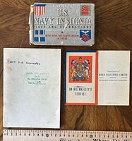 Front covers of Canadian grenades manual, U.S. Navy insignia booklet, and On His Majesty’s Service card