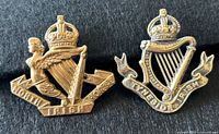 Front view of both brass Irish military cap badges on dark fabric