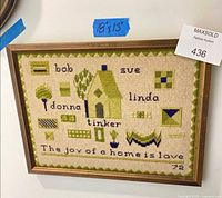 full view of framed sampler showing design, names and date