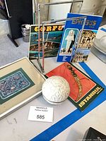 Entire lot: trinket box, brochures, framed print, chrome rack