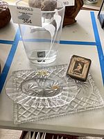 Lead crystal platter/tray, oval bowl and Corsets tin grouped