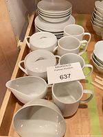 Full lot showing plates stacks, mugs, covered bowls, sauce boat