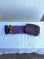All four Coach leather items: brown toiletry bag, purple jewelry roll, black and brown pen pouches
