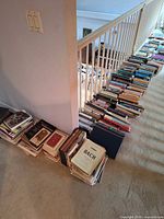 Multiple stacks of books lined along hallway floor