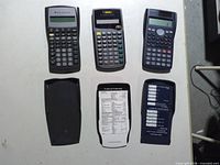 Front view showing three calculators and three covers