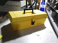 Front and top view of yellow Master Mechanic toolbox with handle and latch