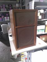 Front view of one speaker showing grille and cabinet