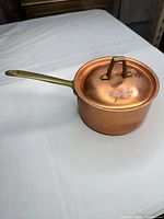 Copper saucepan with lid, side view