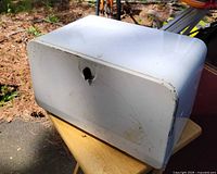 Front three-quarter view of bread box closed