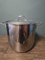 Full view of stainless steel stock pot with lid attached showing exterior condition