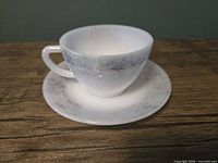 Cup on saucer showing colour and pattern
