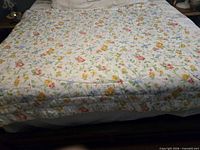 Comforter laid flat on bed showing full multicolor floral pattern