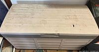 Full view of closed plastic outdoor storage deck box