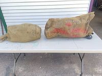 Two canvas bags on folding table, bags contain duck decoys