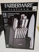 Front of sealed retail box showing Farberware Platinum branding and knife set image