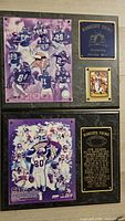 Two plaques stacked showing Randy Moss photo collage with engraved plate and card, and Randy Moss draft photo with engraved plate