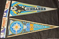 Both pennants laid flat displaying full graphics and header cards