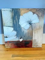 Full view of acrylic floral abstract painting on stretched canvas