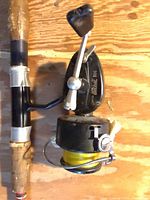 Side view of Mitchell 300 reel attached to rod showing cork handle and overall wear