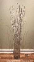 Vase filled with white branches, full height view