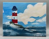 Front view of full painting showing lighthouse, sea, clouds