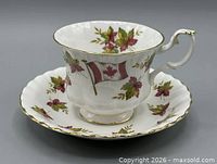 Teacup on saucer showing pattern and gold trim