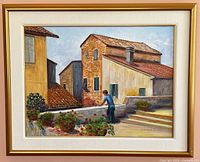 Full view of Uneven Rooftops painting in frame