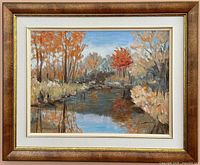 Full view of framed painting showing landscape scene and frame style