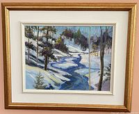 Full view of framed painting showing artwork, mat and gold frame