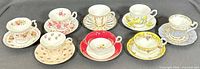 Group shot of eight assorted teacup and saucer pairs
