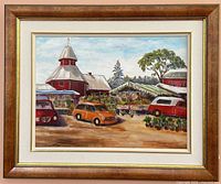 Full view of framed oil painting showing market scene