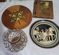 Group shot showing cedar tray, scrapbook cover, copper plate and wire glass bowl