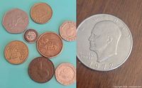 Group view showing eight smaller coins on left and separate Eisenhower dollar on right