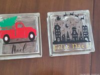 Top view of both glass blocks showing truck and village decals