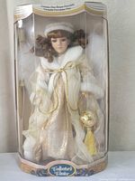 Front view of boxed doll showing gown, accessories, and brand logo