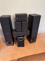 Front view of entire Yamaha 5.1 speaker set assembled
