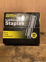 Front of sealed HONGWAY landscape staples box showing size, gauge and quantity