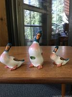 Front view of three Beswick porcelain duck figurines on table