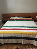 Blanket spread on bed showing overall colour and stripe pattern