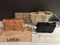 All four handbags arranged: peach Rebecca Minkoff crossbody, multicolor clutch, cream straw tote, black Rebecca Minkoff crossbody