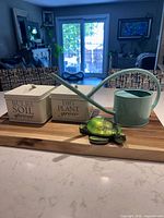 Full lot: two tins, watering can, turtle