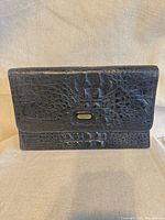 Front view of clutch showing croc pattern and gold-tone Leonard logo plate