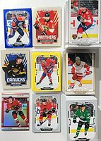 Nine sleeved cards including Barkov, Quinn Hughes, Connor Bedard in assorted parallels