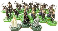 Group shot of all 28 HeroClix miniatures on hex bases