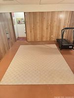 Full view of beige geometric area rug on floor
