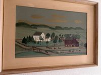 Overall view of framed folk art farm landscape showing artwork, frame and glazing