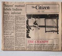 Front page of Ottawa Citizen with Sittler OT goal headline and hockey photo