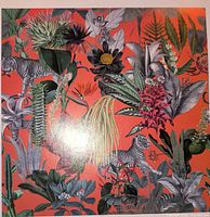 Box lid artwork showing tropical jungle scene with zebras, flowers and foliage